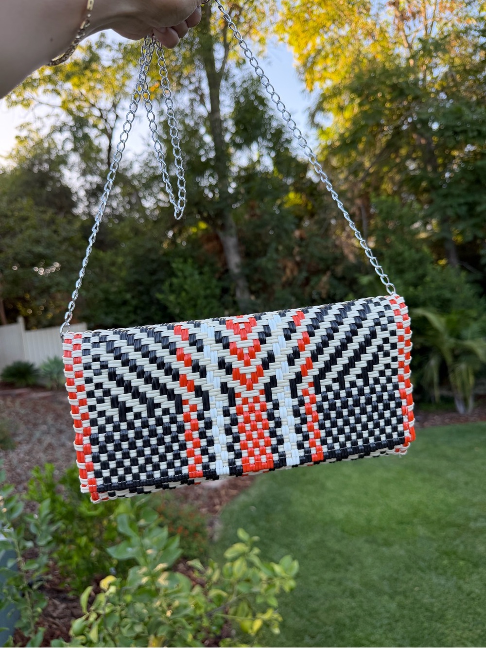 Woven Crossbody Clutch in Black, White & Orange with Chain
